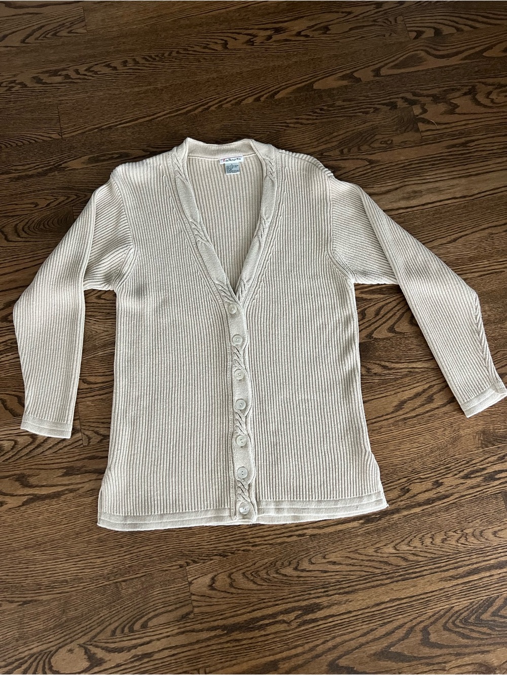 Talbots soft beige Ribbed V-Neck Button-Front Tunic length Cardigan